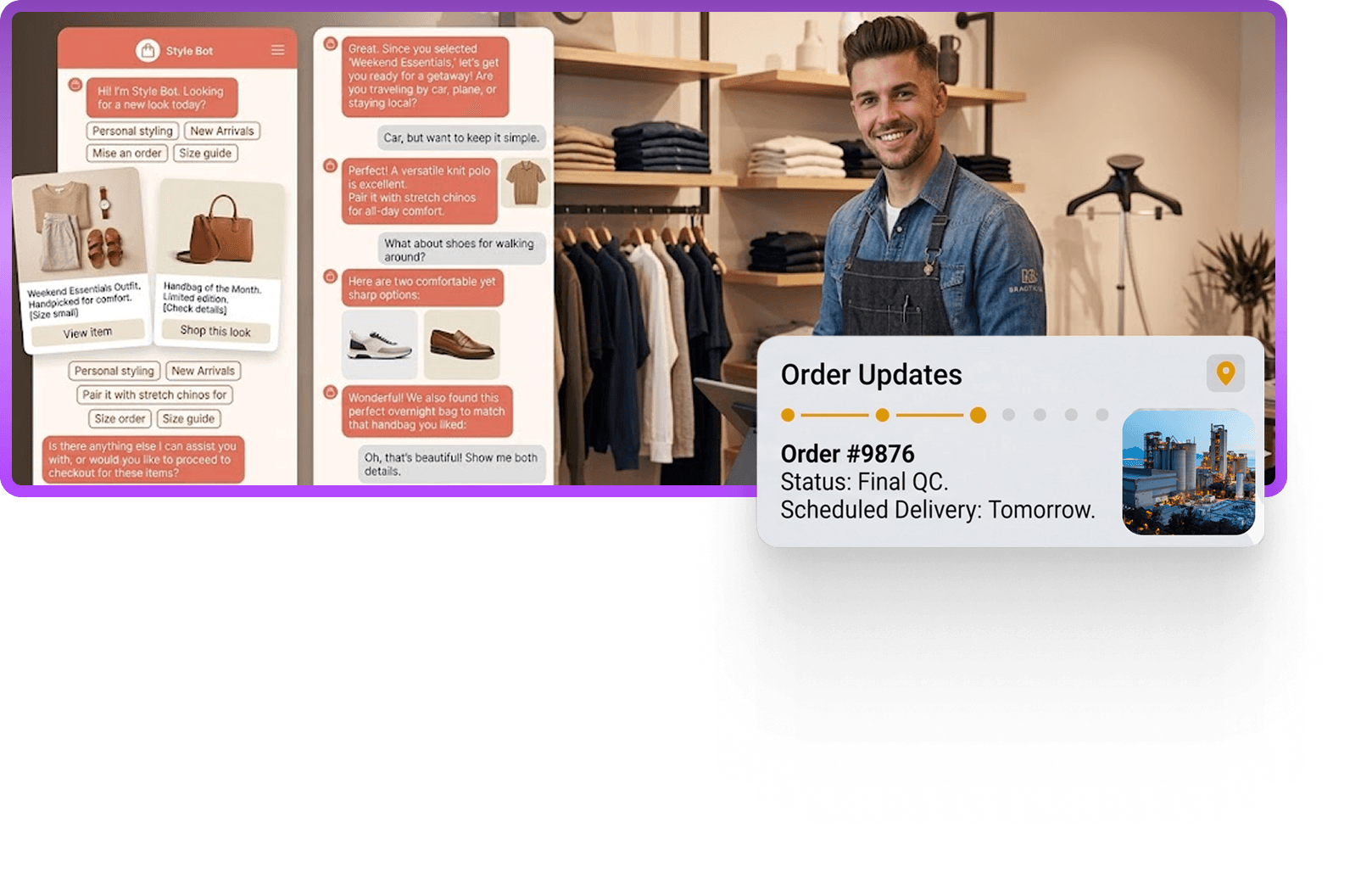 Kuikwit AI chatbot handling 24/7 customer conversations, product styling suggestions and order updates