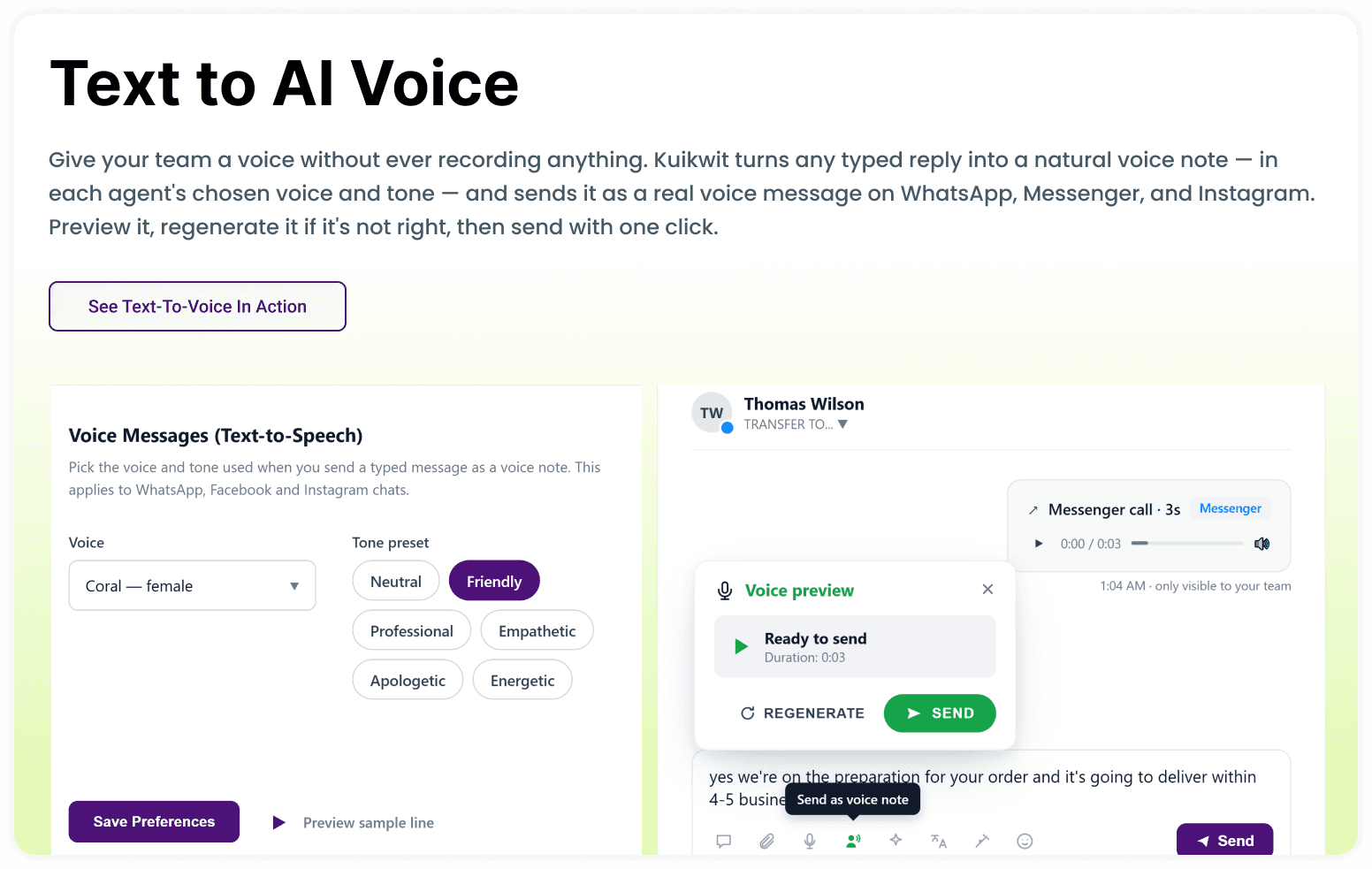 Text to AI Voice — turn any typed reply into a natural voice note on WhatsApp, Messenger and Instagram
