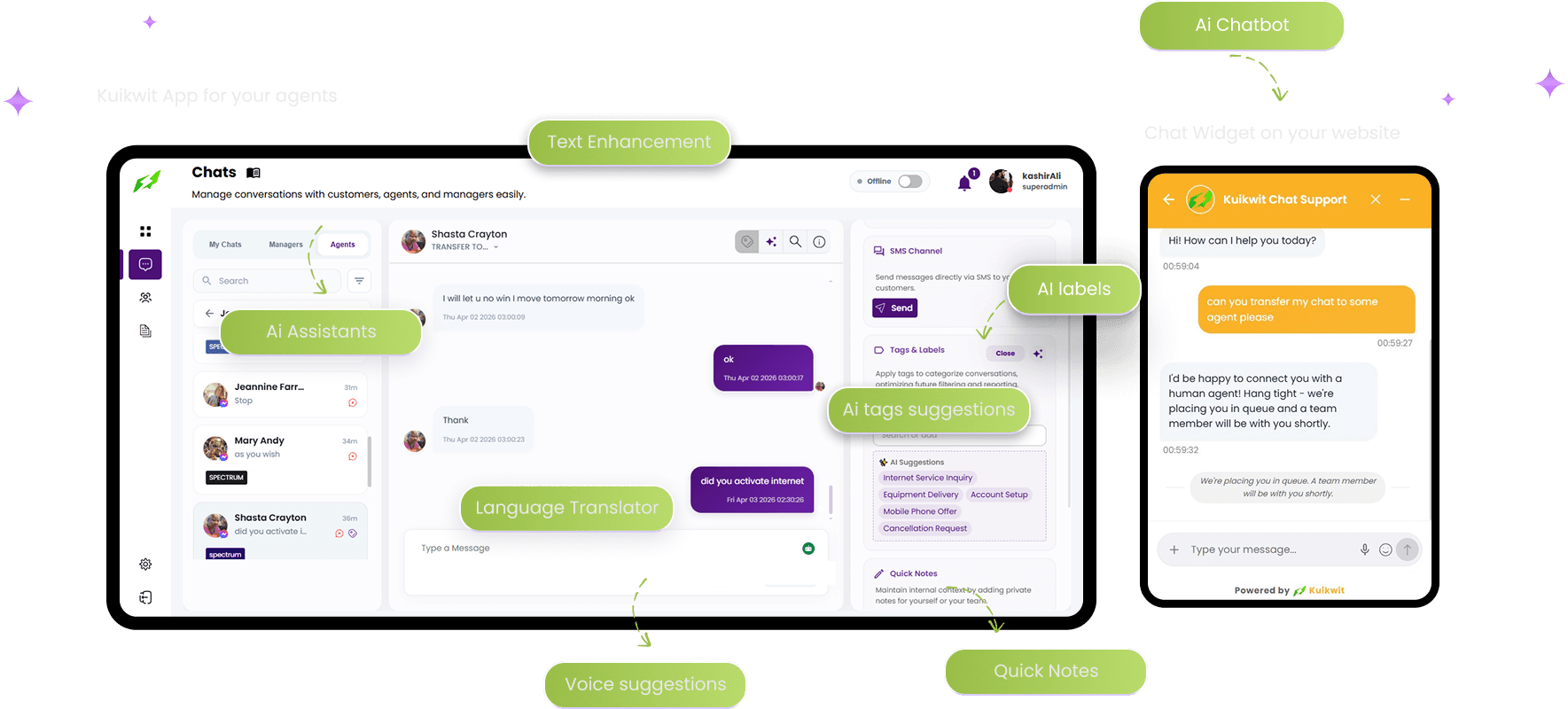 Kuikwit AI agent dashboard and website chat widget with AI features such as AI Assistants, Language Translator, AI labels and Quick Notes